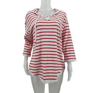 Anthropologie Sunday Orange White Striped Hooded Athletic Long Sleeve Top 1X